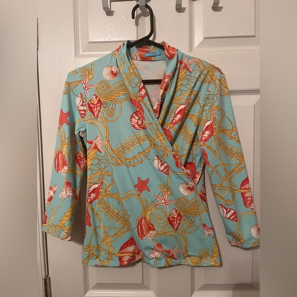J. McLaughlin Tops - J. McLaughlin | Blue Gold Chain Catalina 3/4 Seashell Faux Wrap Blouse Small